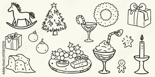 Cute handdrawn holiday doodles featuring festive elements and joyful scenes with playful designs to celebrate the season