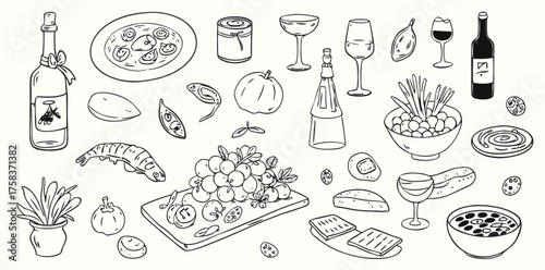 Colorful handdrawn collection of food and drinks perfect for a festive gathering in a lively garden setting