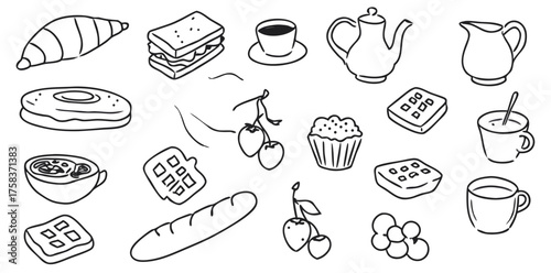 Delightful hand-drawn breakfast treats with croissants, sandwiches, and beverages for a cozy morning scene