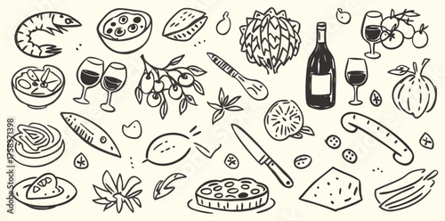 Charming hand-drawn vector illustration featuring a delightful collection of food and drink items for a festive gathering