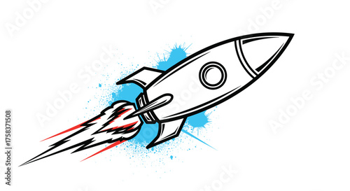 A stylized line art drawing of a rocket ship blasting off with streaks of fire and blue paint splatters in the background.