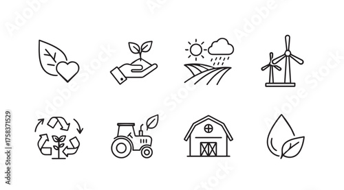 Hand drawn set of eco friendly icons representing sustainability nature and agriculture farming vector
