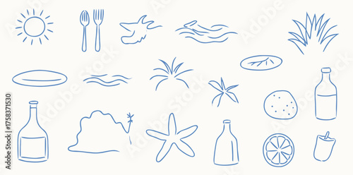 Cute handdrawn vector elements depicting summer fun with sun, nature, and beach activities for creative projects and designs