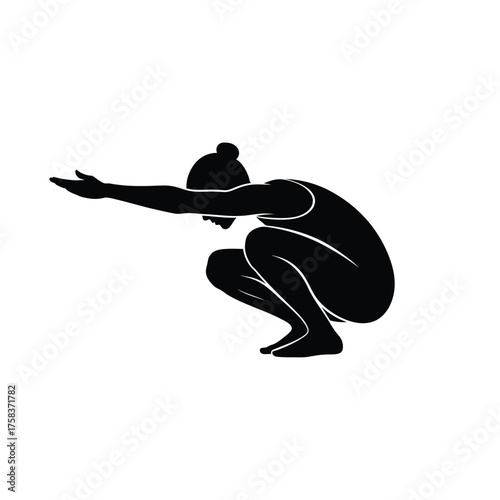 Silhouette of a woman in a squat position with arms extended forward on a white background