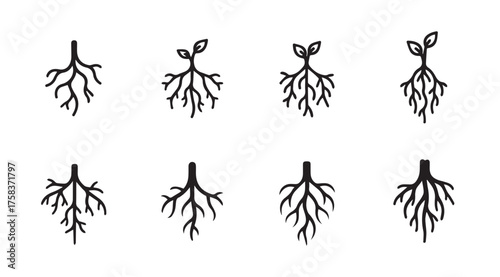 Set of eight stylized root systems with growing sprouts illustrating growth and nature vector