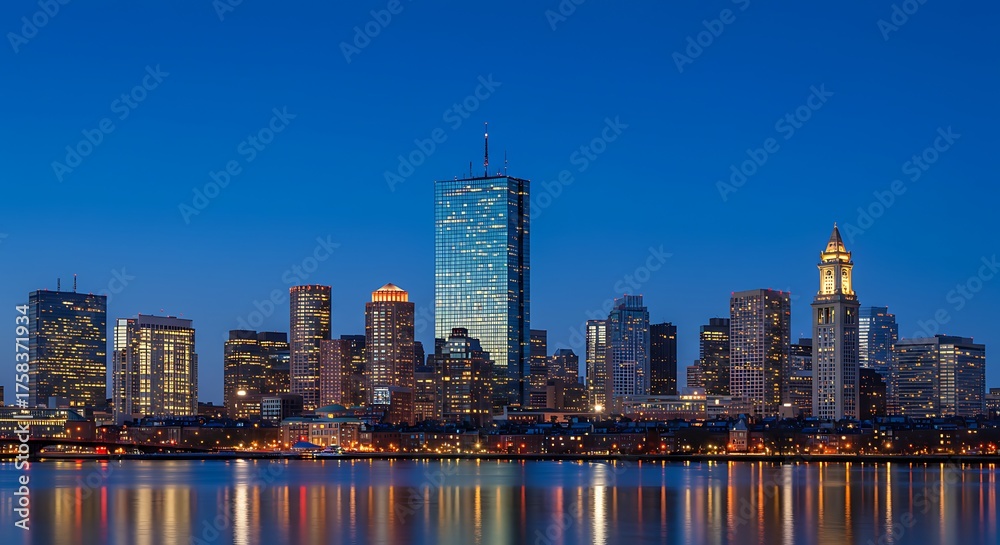 Obraz premium City skyline at dusk with illuminated buildings and reflecting water