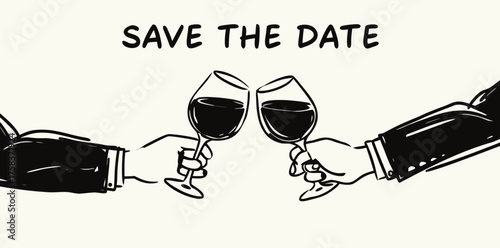 Celebration invitation with two hands clinking wine glasses to save the date for a special occasion