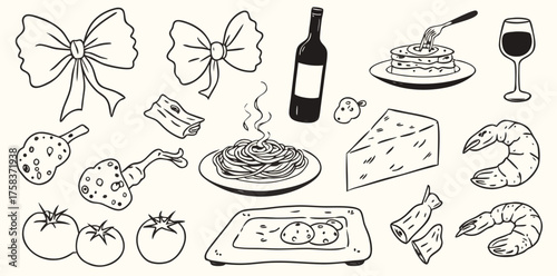 Whimsical hand-drawn culinary delights and decorative elements in a charming collection