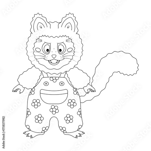 Male kitten. Cat in overalls decorated with flowers. Sketch. Vector illustration. Doodle style.