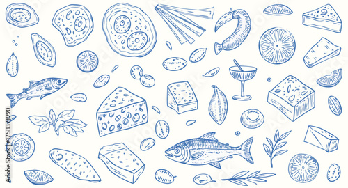 Delightful hand-drawn collection of food items featuring fish, cheese, and refreshing treats in a charming style