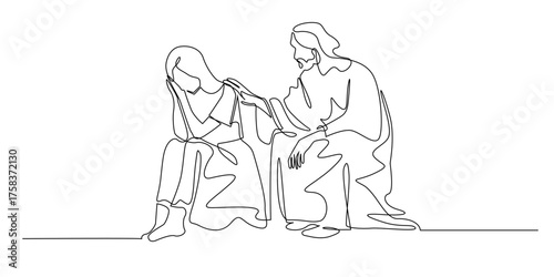 Continuous line of Jesus comforting a sad woman. One line drawing of Jesus shows divine love, compassion, forgiveness and comfort. Single line vector illustration.