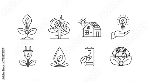 Collection of eco-friendly and green energy icons for sustainable living and renewable power vector