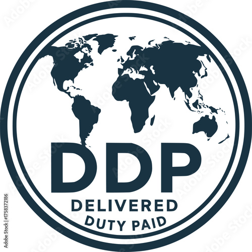 Delivered Duty Paid stamp, minimalist vector logo design, DDP customs free delivery label, duty-free shipping sign, clean typography badge for international trade and e-commerce