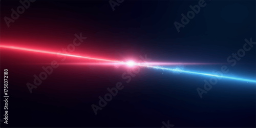 Two vibrant neon laser beams red and blue crossing and colliding in a dark abstract background