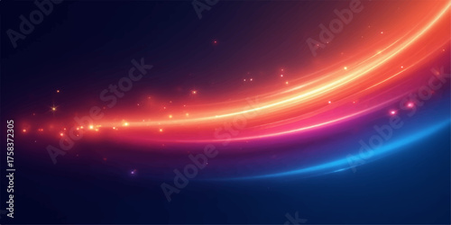 Abstract glowing light trails in vibrant red orange and blue hues with sparkling particles on dark background