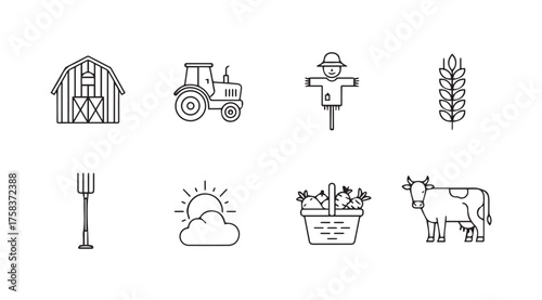 Collection of farm icons barn tractor scarecrow wheat pitchfork sun flower pot cow vector
