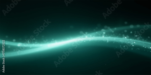 Abstract teal glowing wave with tiny particles on a dark background