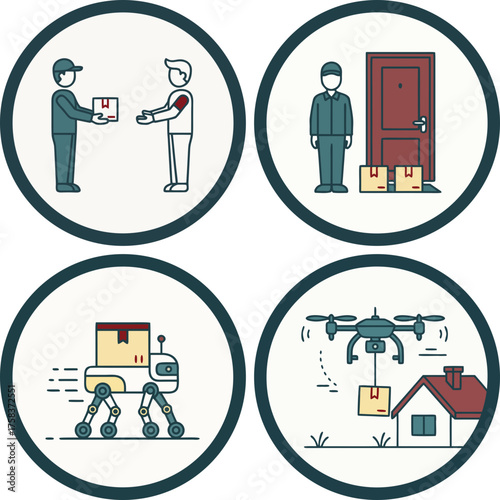 The evolution of delivery: from courier to robot and drone. Courier work is being automated, symbolizing the layoff and robotization of logistics due to progress. A set of 4 images.