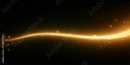 Abstract glowing golden wave of light with sparkling particles on a dark background