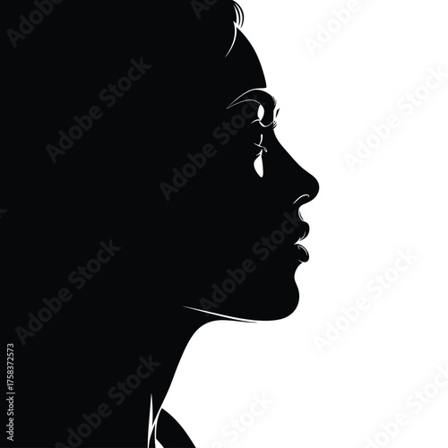 An artistic monochrome depiction of a woman's silhouette in profile against a white background