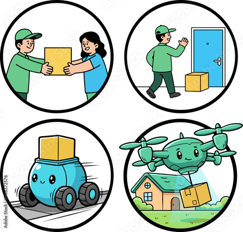 The evolution of delivery: from courier to robot and drone. Courier work is being automated, symbolizing the layoff and robotization of logistics due to progress. A set of 4 images.