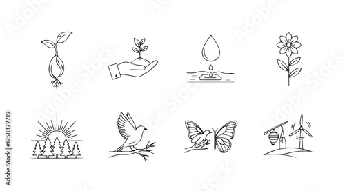 Collection of organic growth and nature symbols icons representing development renewal and transformation vector