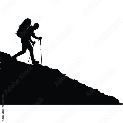 Silhouette of a hiker with a backpack and trekking poles ascending a rocky mountain slope