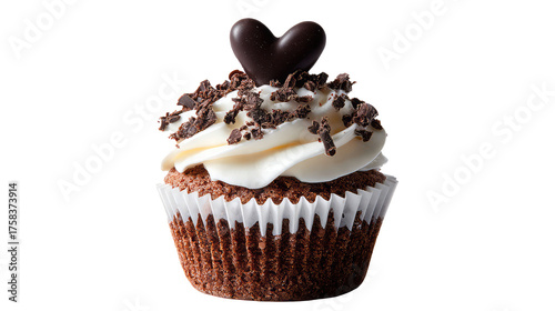 A cupcake with white frosting chocolate heart and chocolate bits on transparent background	