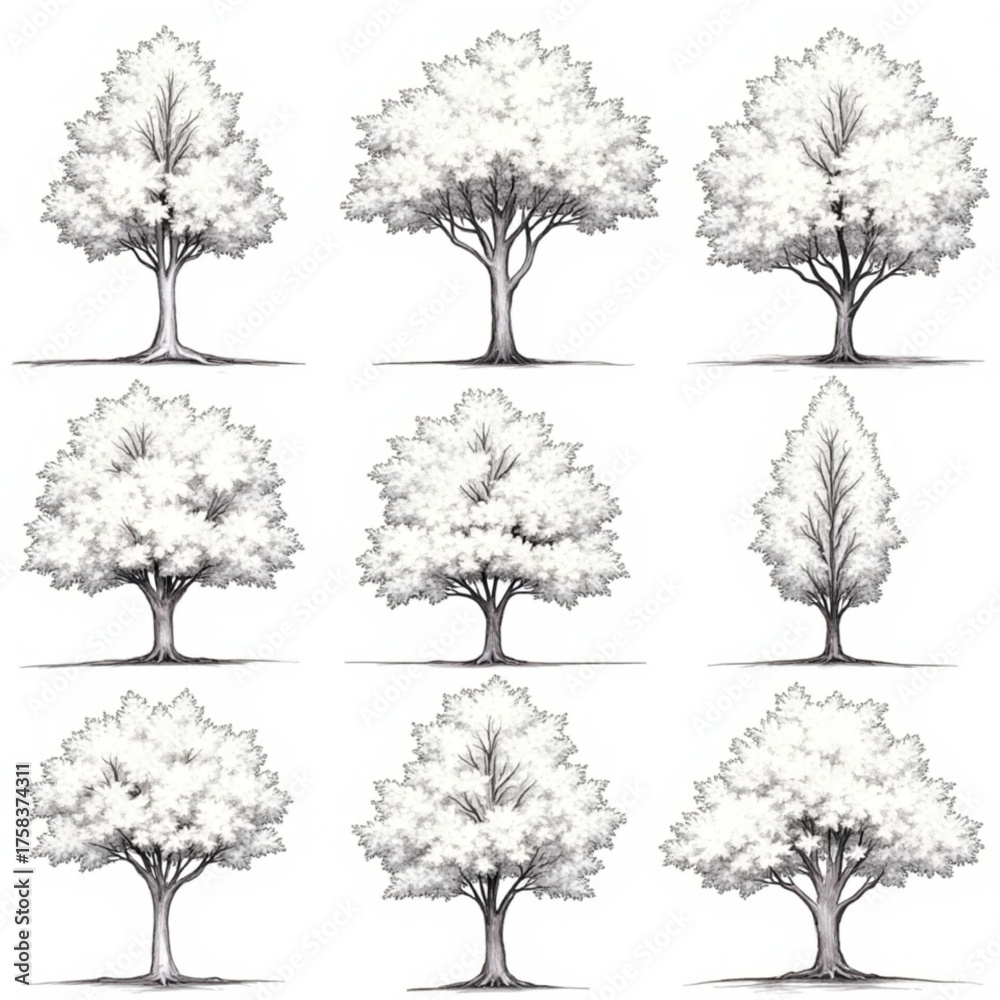Fototapeta premium study, realistic sketch, detailed trees, park trees, different tree shapes, architectural trees, sketchbook art, line