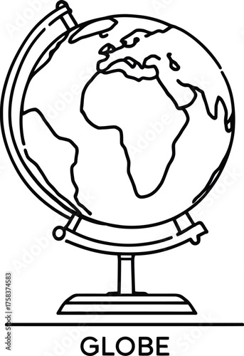 Educational globe icon with labeled continents, axial tilt, and stand in minimal black line style for geography and learning