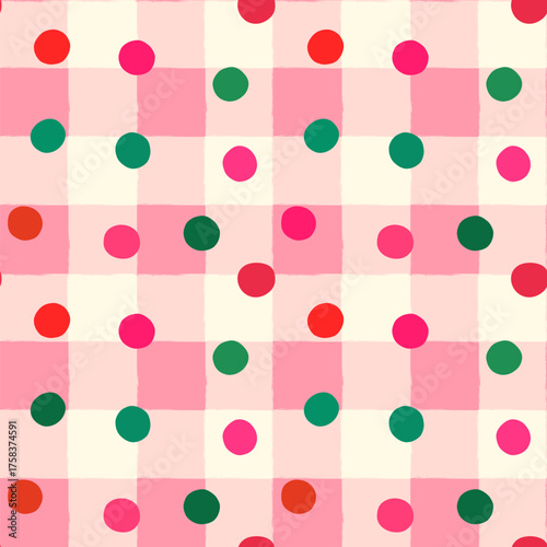 Cute seamless vector pink checked pattern with red and green dots, Gingham background fro Christmas packages and designs