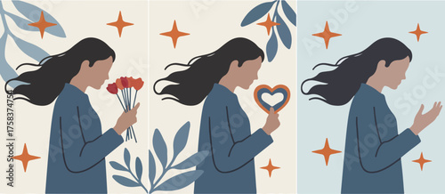 A woman with flowers heart and praying hands woman, flowers, heart, praying, hands, leaves, stars, illustration, art, brunette, profile, graphic