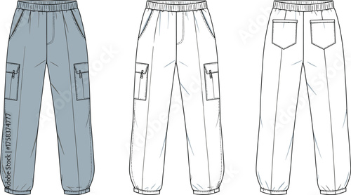 Cargo pants fashion flat sketch, technical drawing front and back view, elastic waistband, ankle cuffs, utility pockets, apparel design template, garment construction illustration