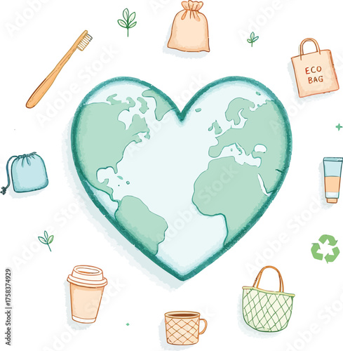 Eco-friendly lifestyle icon set with heart-shaped Earth, reusable items, bamboo, recycling, and sustainable living symbols