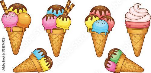 Colorful ice cream cones, cartoon dessert illustration, waffle cone with scoops, chocolate drizzle topping, summer sweet treat, playful food art, vibrant frozen snack design