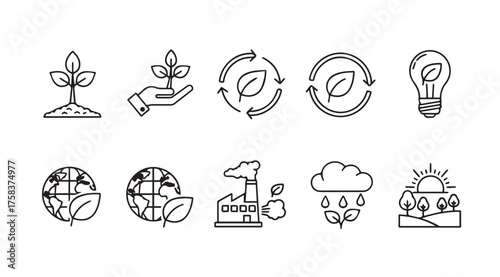 Collection of simple icons representing environmental sustainability and eco friendly concepts in outline style vector