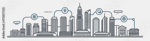Smart city skyline line art on white background