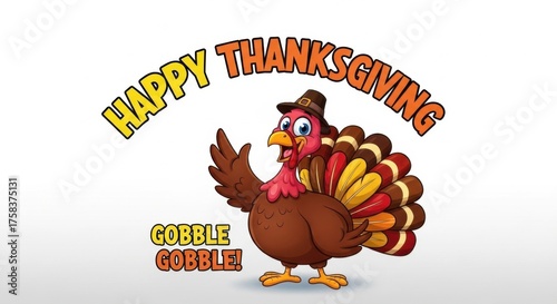 Cheerful Thanksgiving Cartoon Turkey Illustration with Gobble Text on White