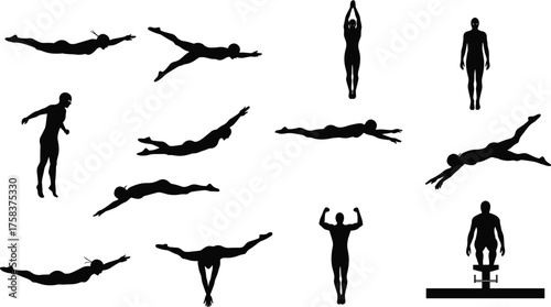 Silhouette diving poses, athlete jump, swimmer action, water entry, sports training, human motion, aquatic performance, competitive dive, fitness exercise, platform jump, body movement, summer sport