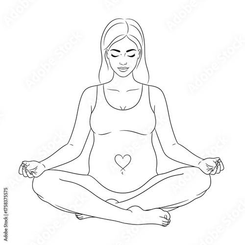 Pregnant woman in lotus position meditating with heart on belly in black and white outline silhouette