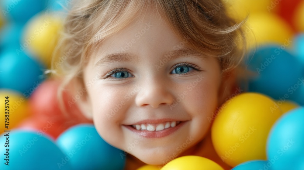 Obraz premium Cheerful young child with bright eyes immersed in a sea of colorful balls at an indoor play space. Laughter fills the air as joy radiates from the playful scene