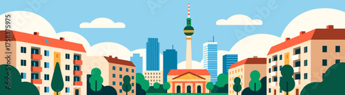 Berlin cityscape vector art with minimalist cloud background