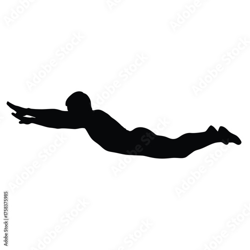 A silhouette of a woman in child's pose with her arms extended on a white background