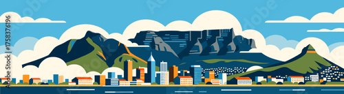 Cape Town cityscape art with Table Mountain and clouds