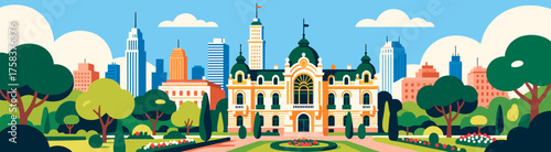 Buenos Aires skyline with art nouveau buildings and gardens