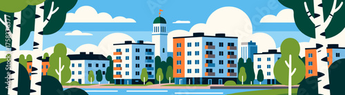 Helsinki panorama vector art with birch trees