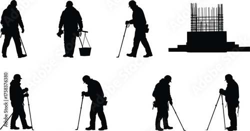 Construction worker silhouettes with surveying equipment, building site structure, scaffolding, measurement tools, engineering teamwork, industrial labor, architecture project, infrastructure 