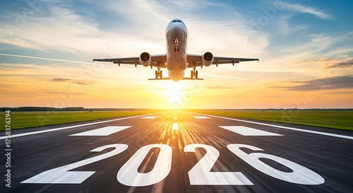 Commercial airplane taking off from a runway with the year 2026 painted on the tarmac at sunset