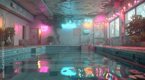Mysterious indoor pool with colorful lights and lush plants.