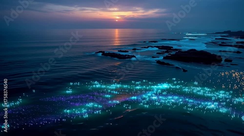 A mesmerizing view of glowing waves during sunset by the shore.
